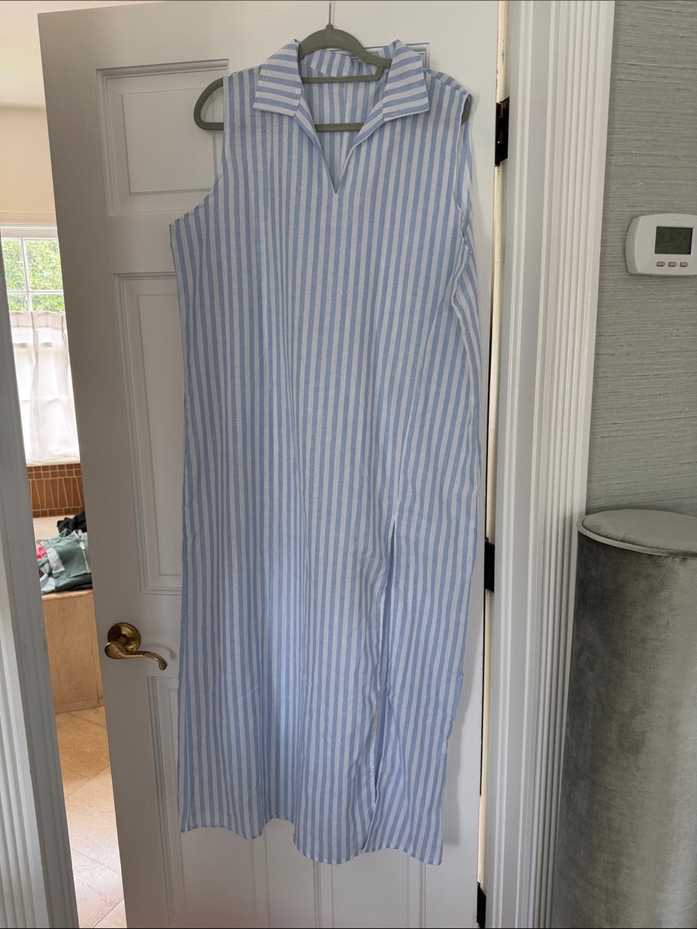 Sleeveless Blue and White Striped Women’s One-Piece Dress. LInen